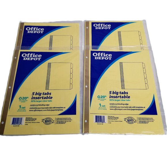 4 Packs NEW Office Depot 5 Tab Insertable Dividers Clear Reinforced Binding Edge - Picture 1 of 3